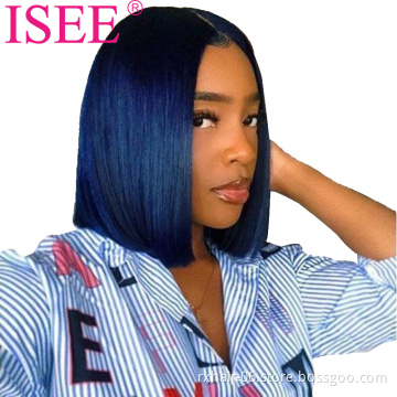 High Quality Top Sale Silk Base Short Blue Color Bob Wig Straight 13x4 Lace Front Human Hair Ombre Wigs